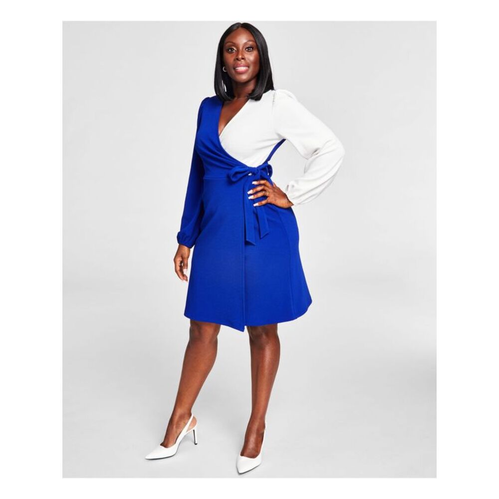 KASPER DRESS Womens Blue Tie Pullover Long Sleeve Faux Wrap Dress XXL